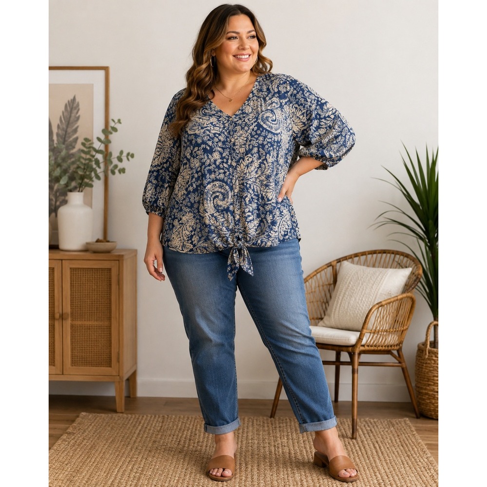 Lucky Brand Button Down Top 3X Blue Paisley Floral Cotton Tie Front Boho Blouse